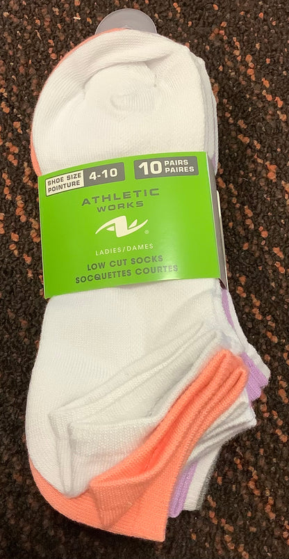 Athletic Works Low Cut Socks Size 4-10 (ladies) white and multicolor 10ct