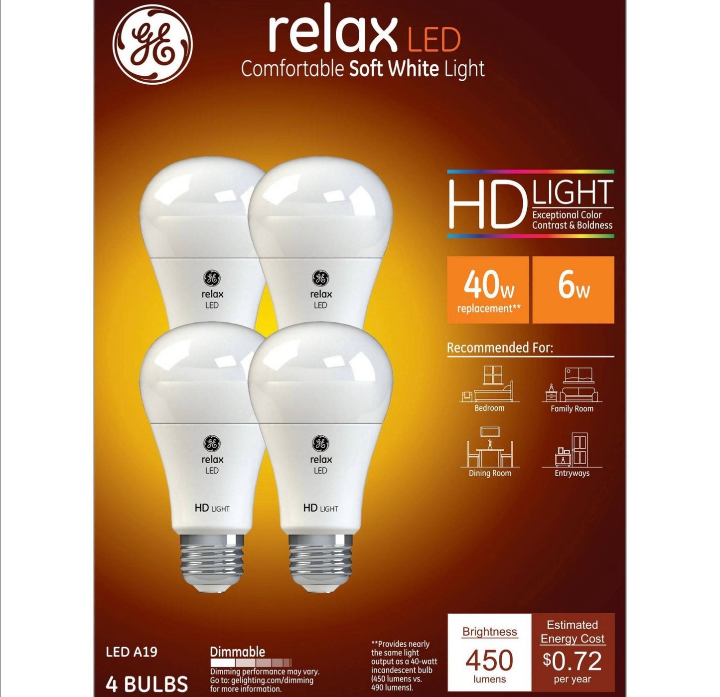 GE 4pk 5.5W 40W Equivalent Relax LED HD Light Bulbs
Soft White