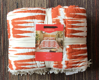 king printed with fringe groove print quilt - White/Burnt Orange