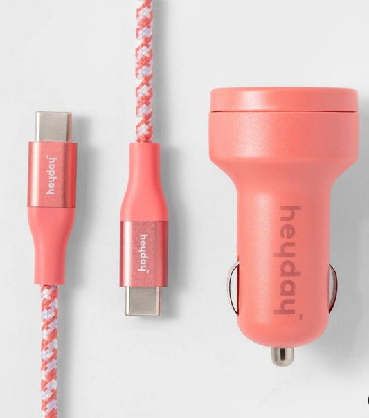 USB Car Charger with 6' USB-C to USB-C Braided Cable - Rose Pink
