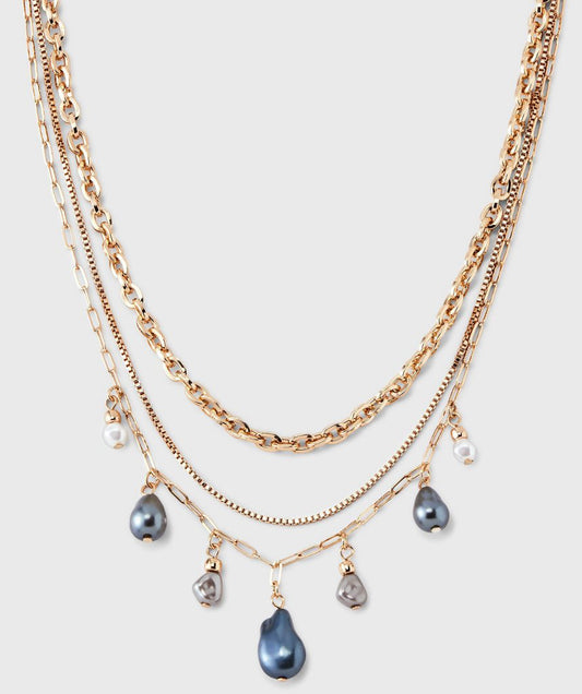 Chain Pearl Multi Strand Necklace - 3pc Gold/Gray