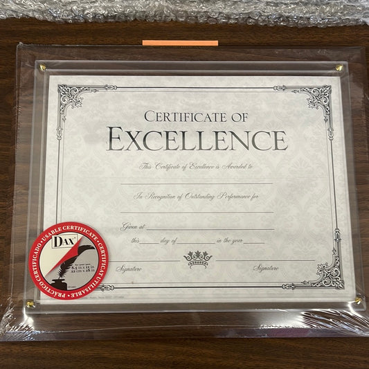 8.5“ x 11“ certificate of excellence award plaque with acrylic cover ￼