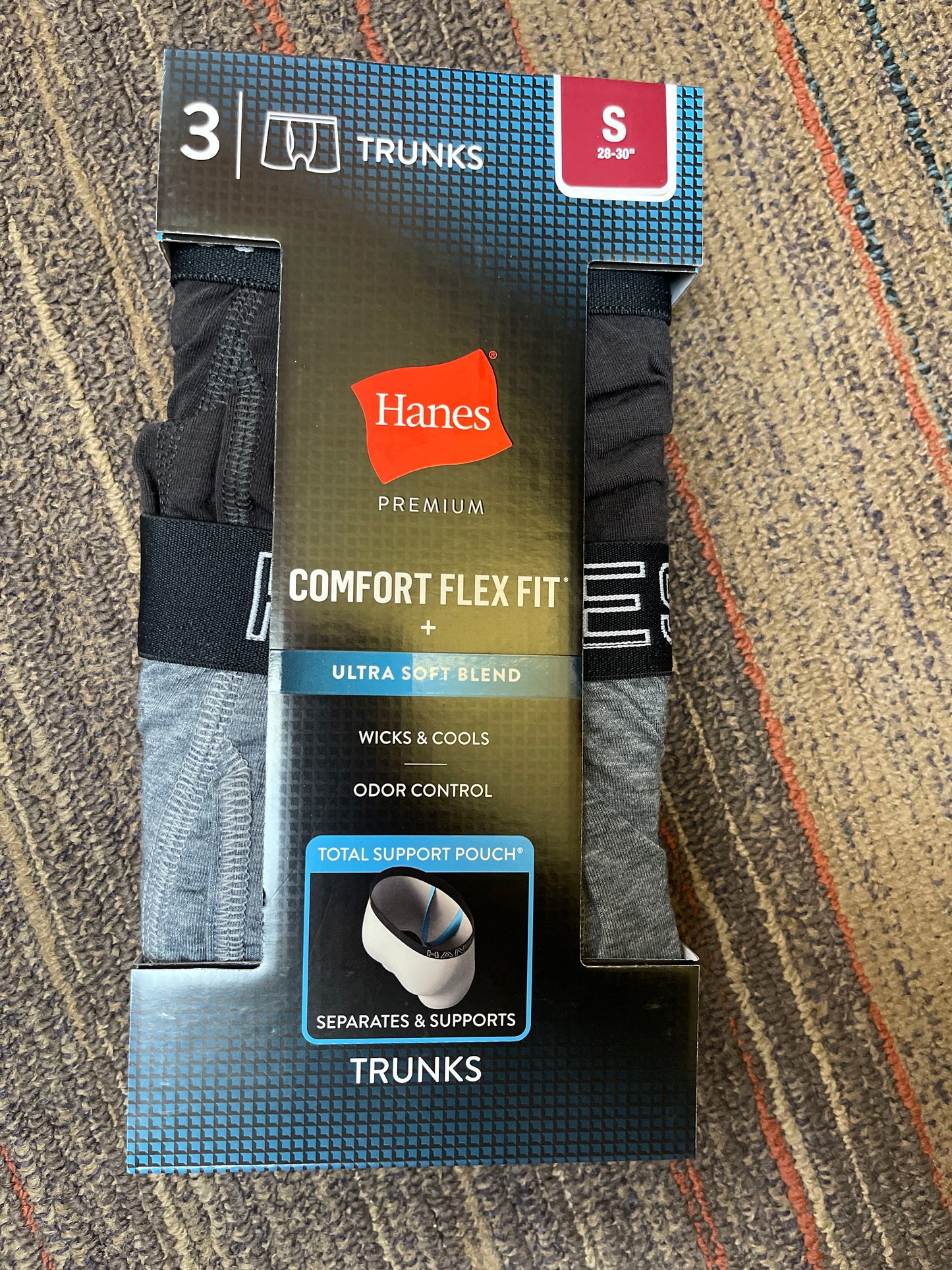 Mens 3pk Hanes Premium Trunks with Anti Chafing Total Support Pouch - Black/Gray S