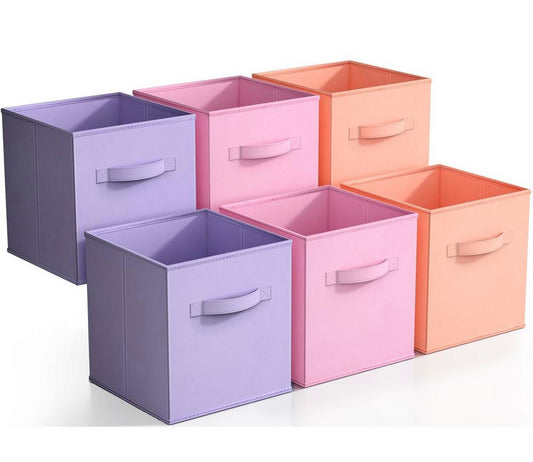6 pack foldable fabric storage cube bins with handles - for organizing pantry, closet, and more - pastel orange, pink, & purple