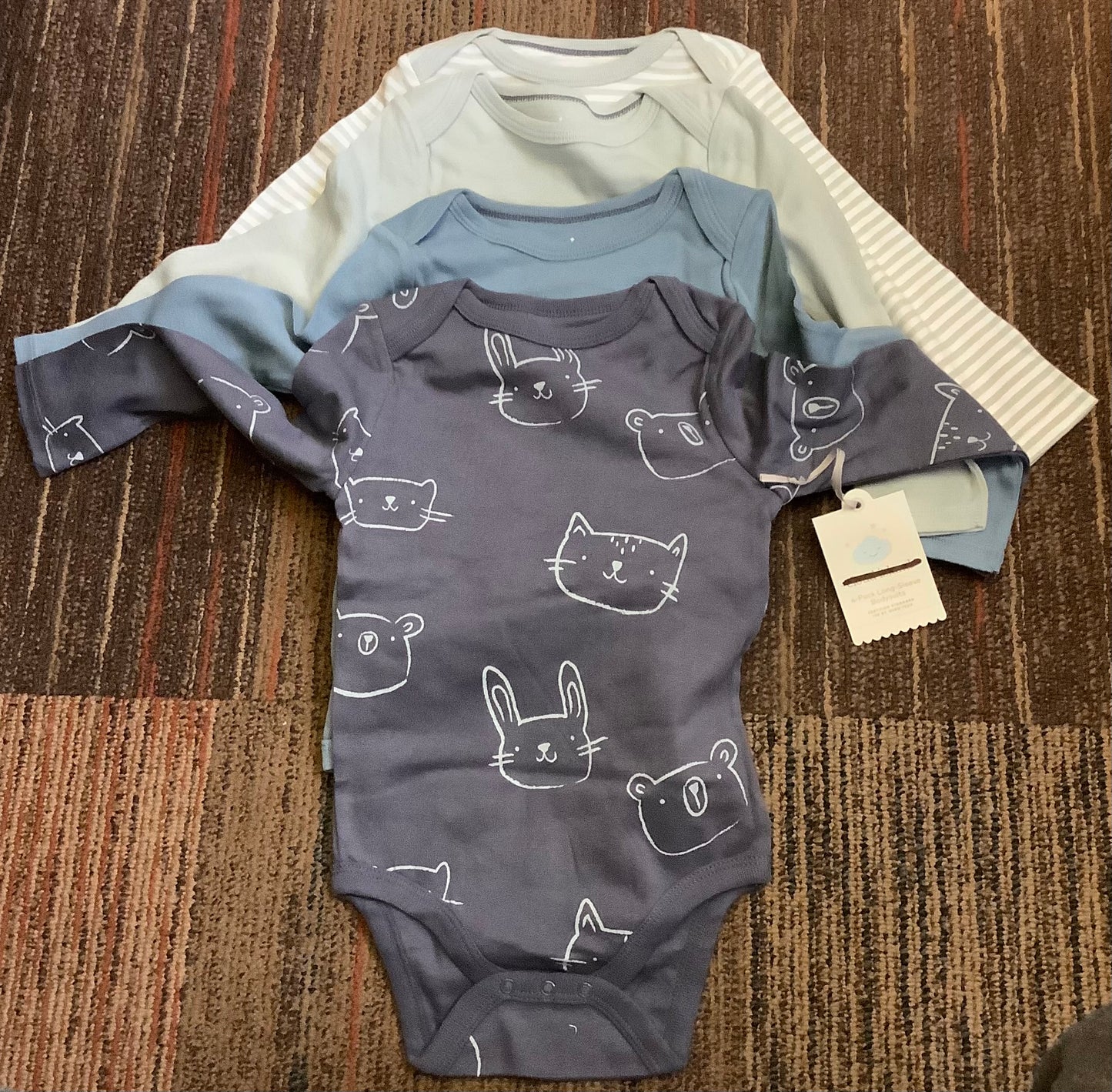 4 Pack Long Sleeve Bodysuits 24Months - blue cats