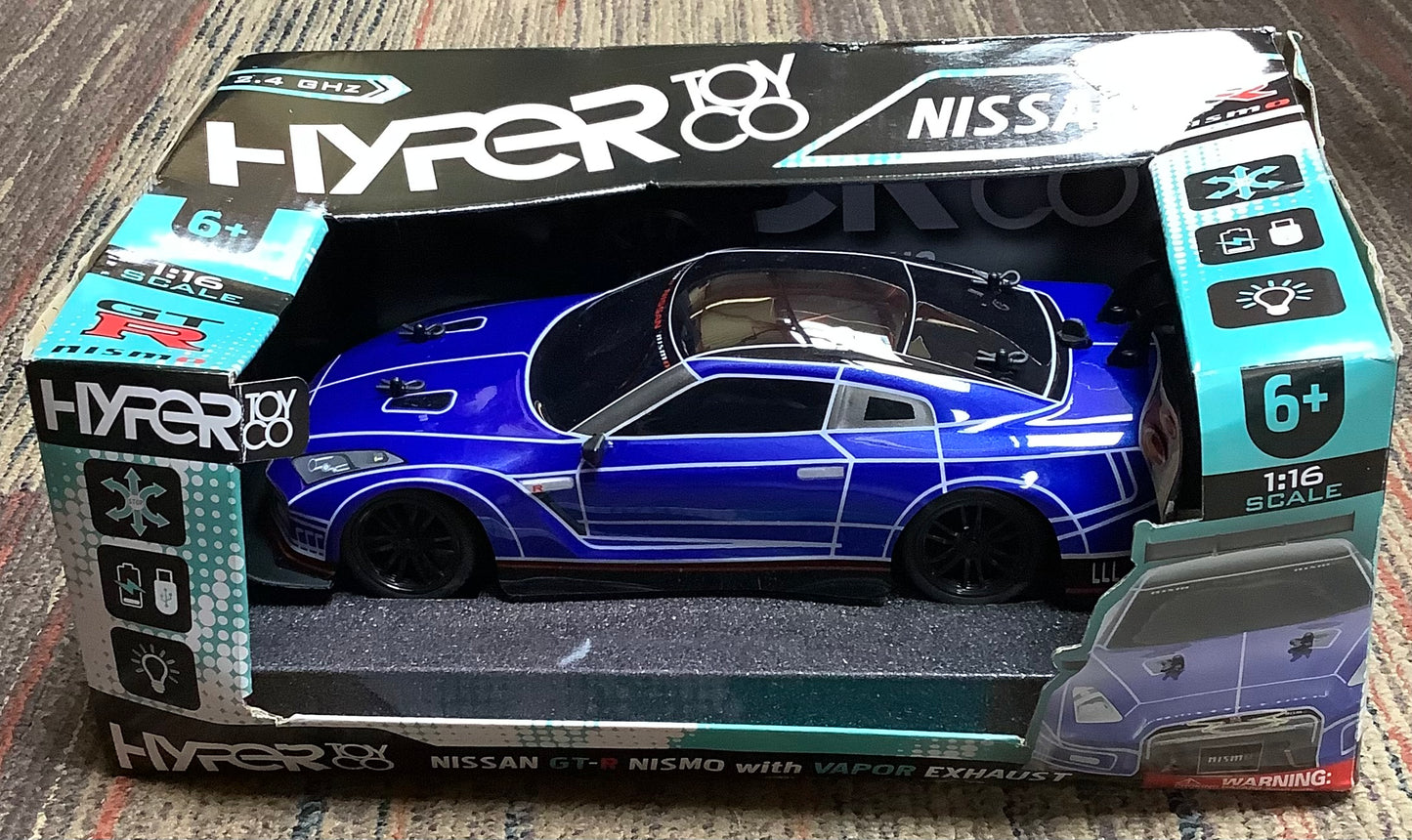 Hyper RC Nissan GTR Rechargeable Car with LED/Vapor Effects - 1:16 Scale - 2.4 GHz