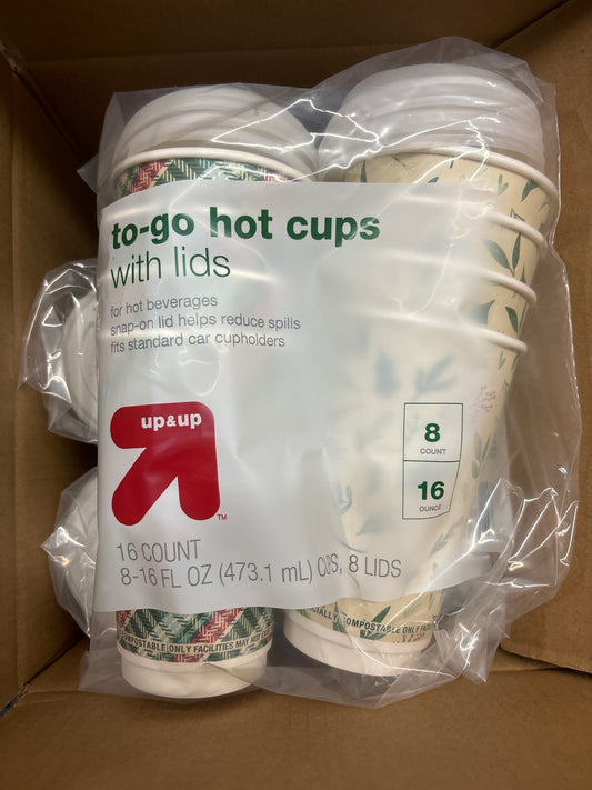 Case Pack 16oz To-Go Hot Cups with Lids - 48 Cups Plaid and Cream Design