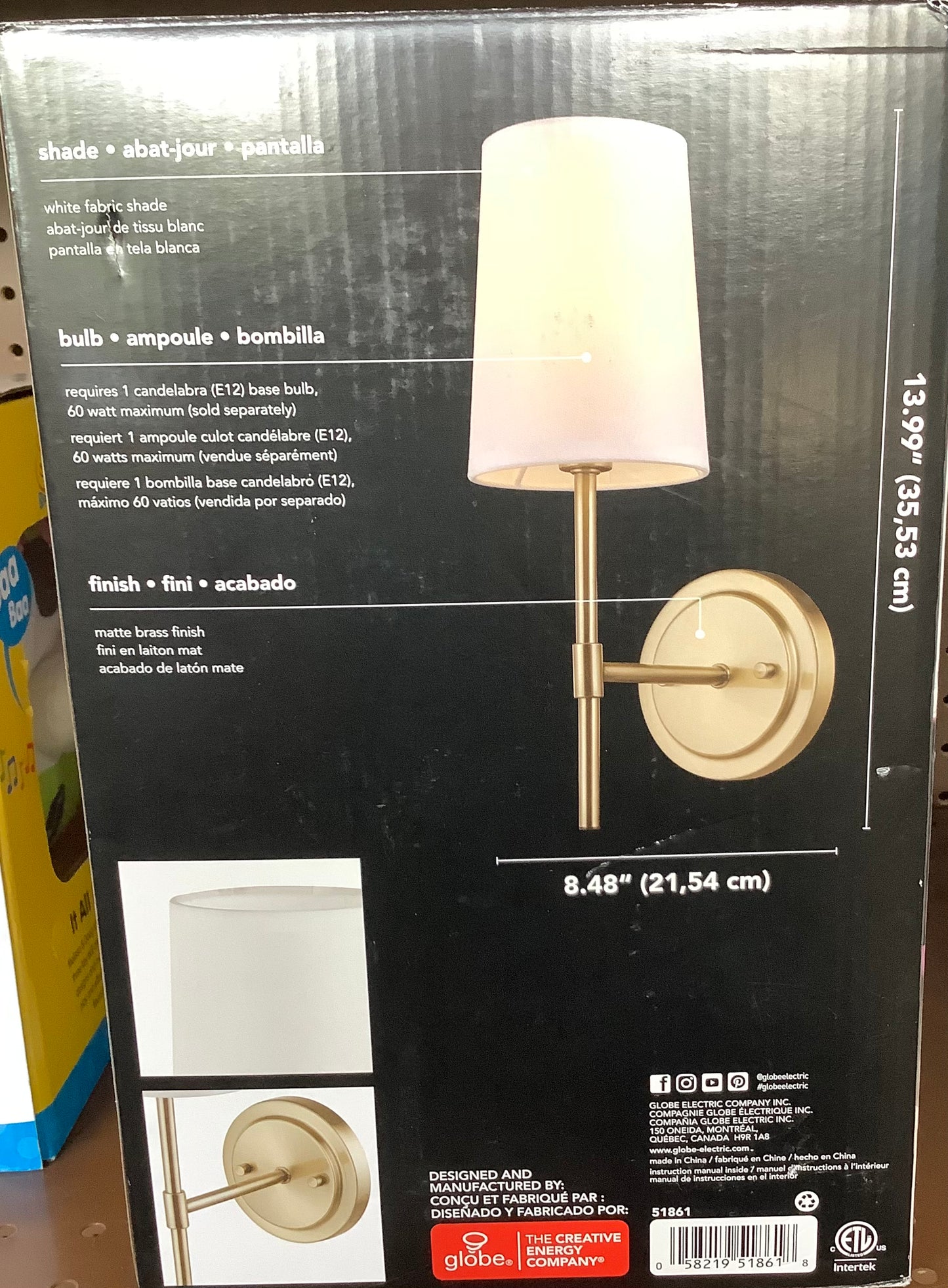 1-Light Clarissa Wall Sconce Matte Brass with Fabric Shade White - Globe Electric