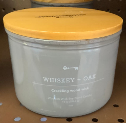 14oz Lidded Gray Glass Jar Crackling Wooden 3-Wick Candle with Clear Label Whiskey + Oak