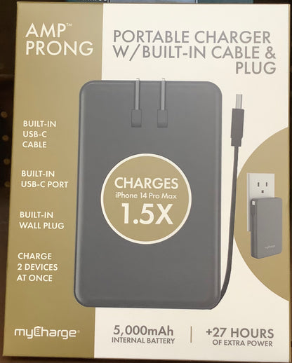 myCharge Amp Prong 5000mAh/12W Output Power Bank with Integrated Charging Cable - Gray