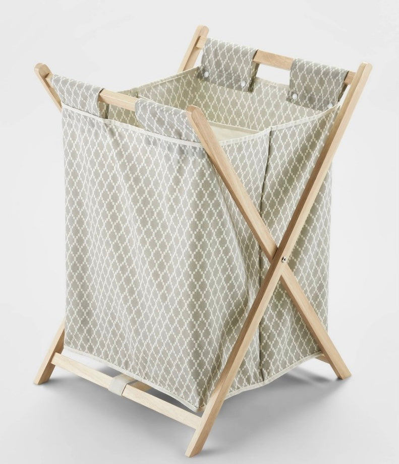 Wooden X-Frame Double Hamper Gray Diamond Print