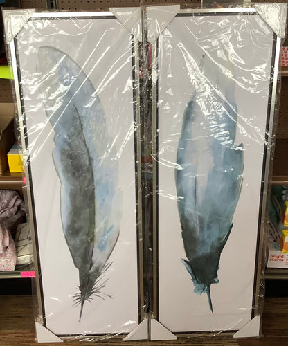 Olivia & May Set of 2 Canvas Bird Feathers Framed Wall Arts with Silver Frames Blue