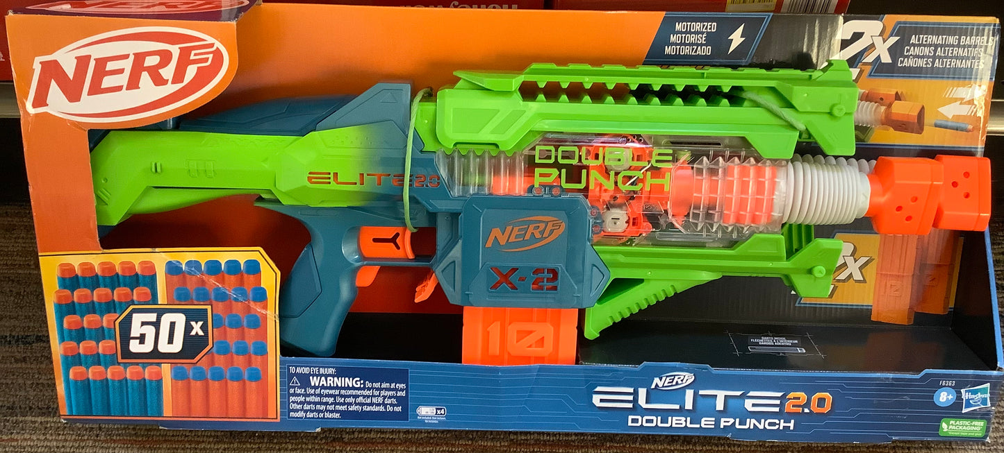 Nerf Elite 2.0 Double Punch Motorized Electronic Dart Blaster, 50 Elite Darts, 2x 10-
Dart Clips