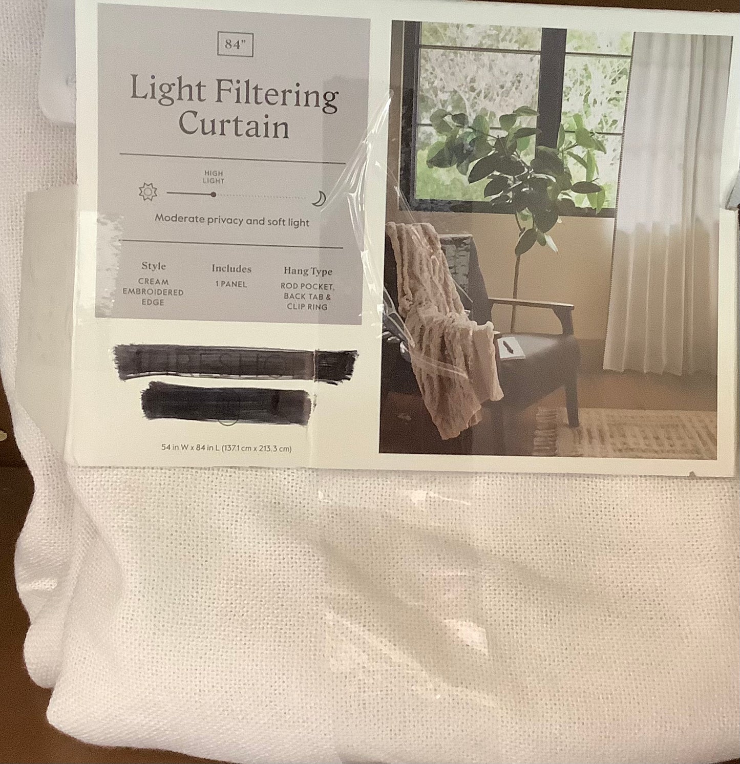 1pc 54’’x84’’ light filtering stitched edge curtain panel cream