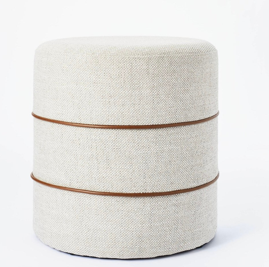 Catalina Round Ottoman Cream with Leather Piping