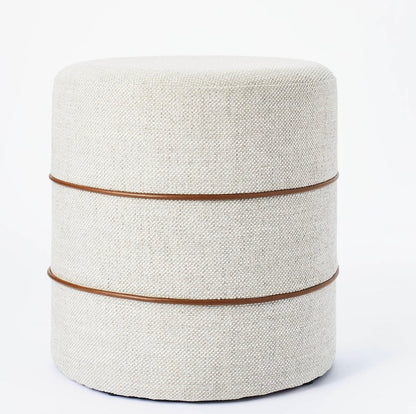 Catalina Round Ottoman Cream with Leather Piping