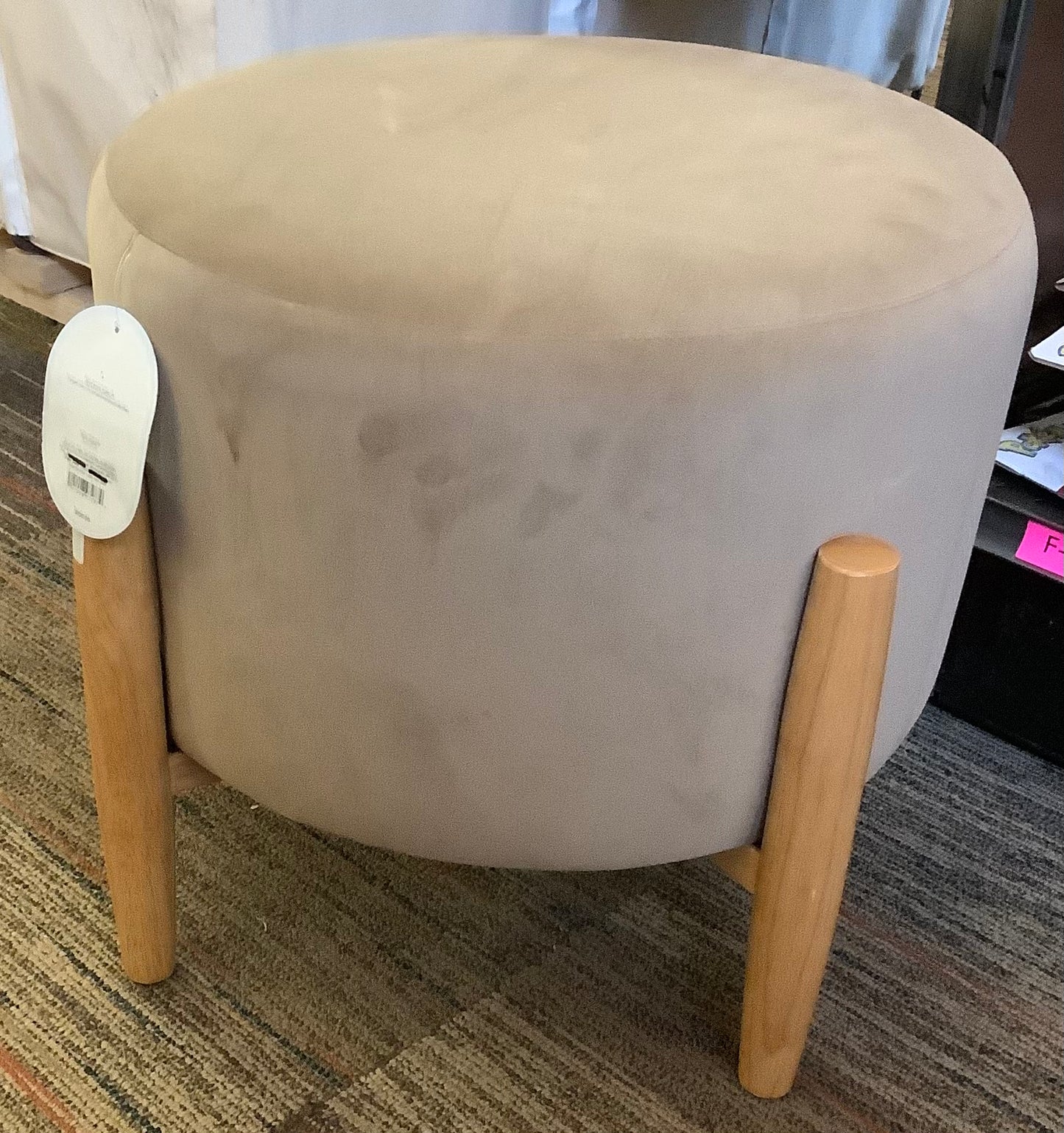 Elroy Round Velvet Ottoman with Wooden Legs Light Brown