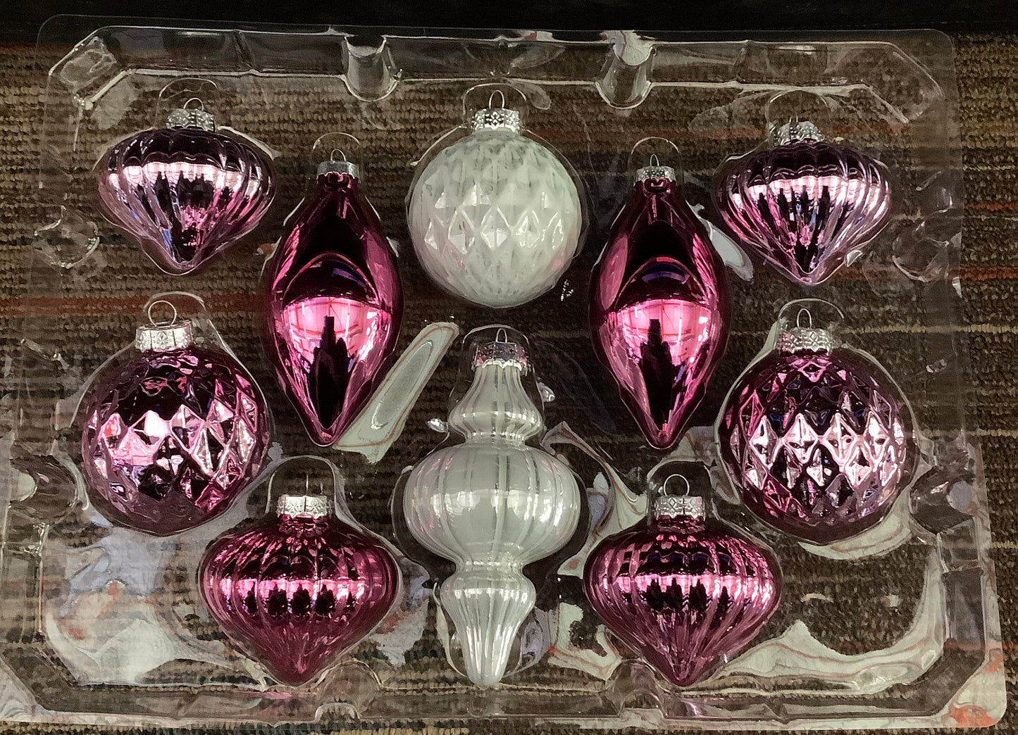 DAMAGED BOXES 10ct Glass Christmas Tree Ornament Set Pink with White