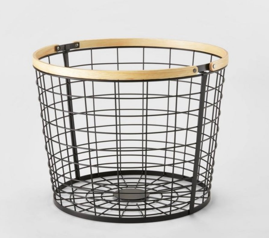 Large Round Black Wire with Natural Wood Handles Floor Basket