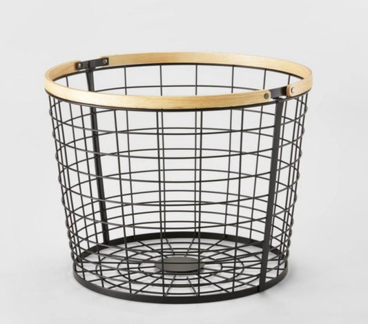 Round Black Wire with Natural Wood Handles Floor Basket