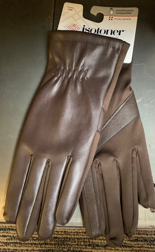 Isotoner Faux Leather Glove with Gathered Wrist - Brown S/M