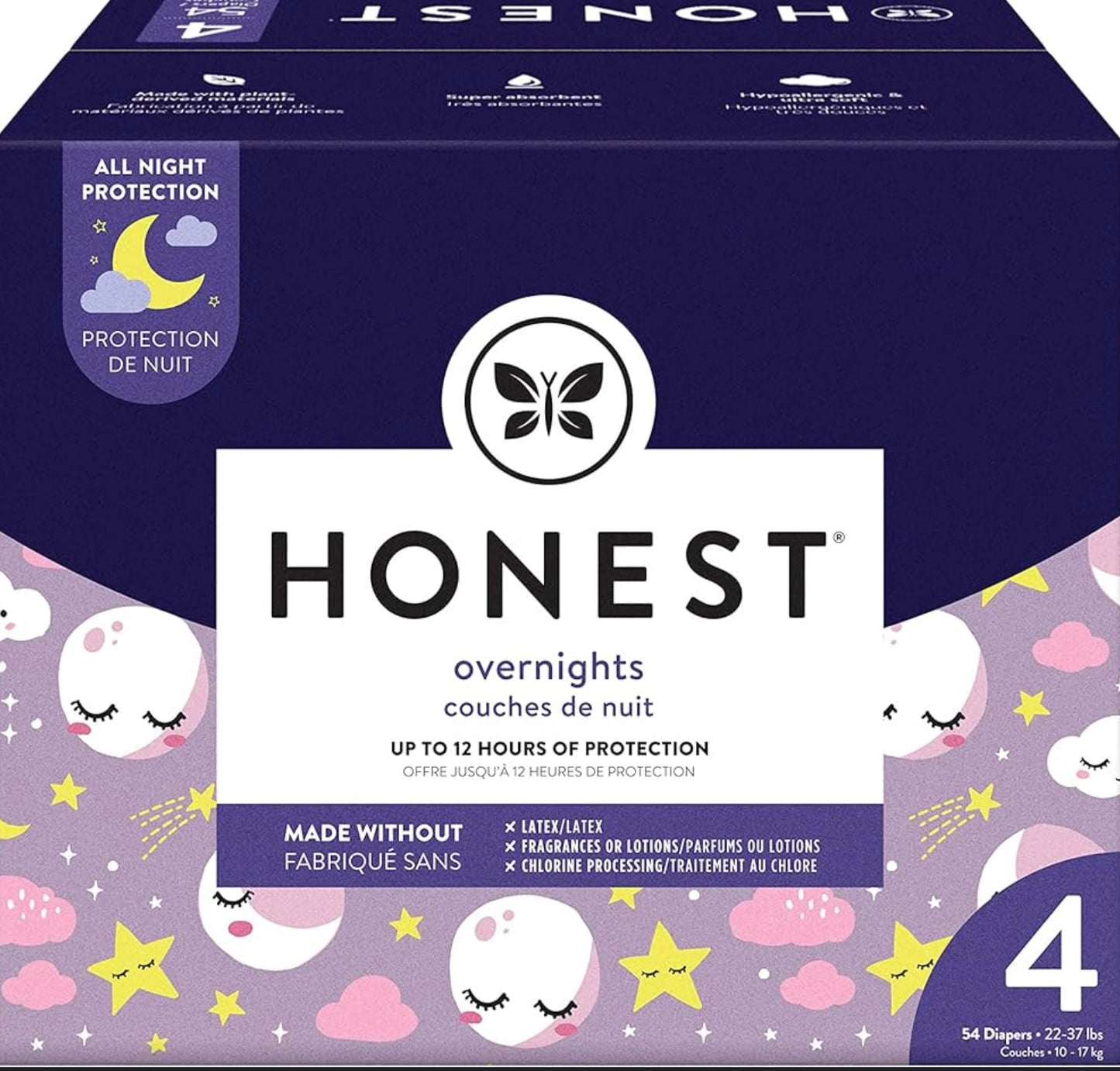 The Honest Company Clean Conscious Overnight Diapers | Plant-Based, Sustainable | Starry Night | Club Box, Size 4 (22-37 lbs), 54 Count