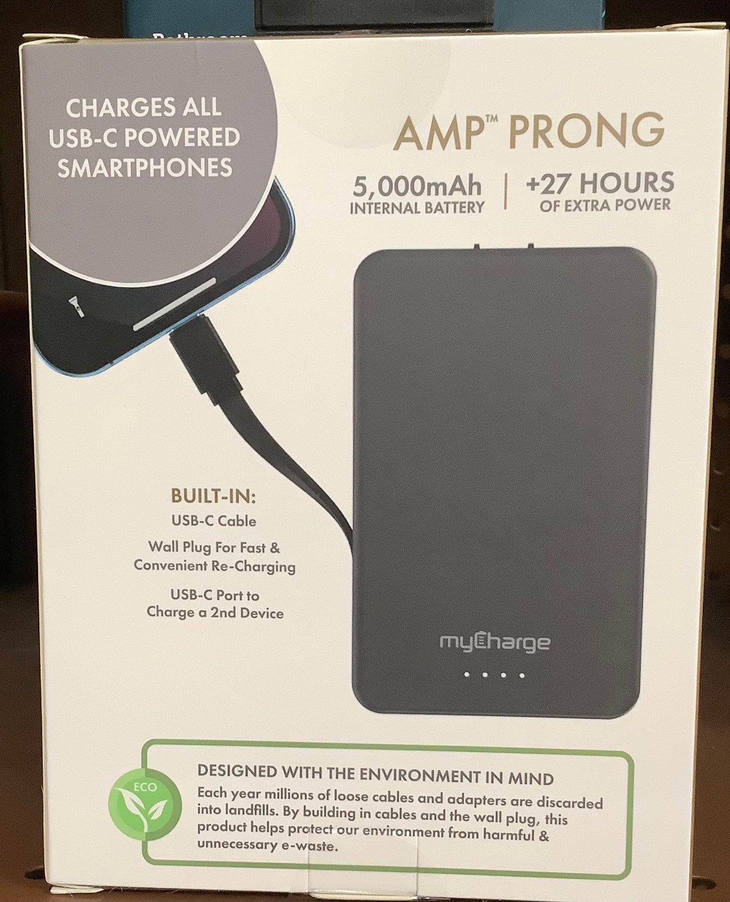 myCharge Amp Prong 5000mAh/12W Output Power Bank with Integrated Charging Cable - Gray