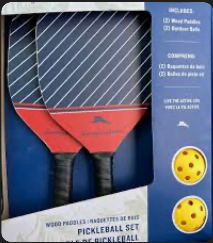 NEW Tommy Bahama 4 Pc Pickleball Set 2-Red Blue Wood Paddles 2-Yellow ...